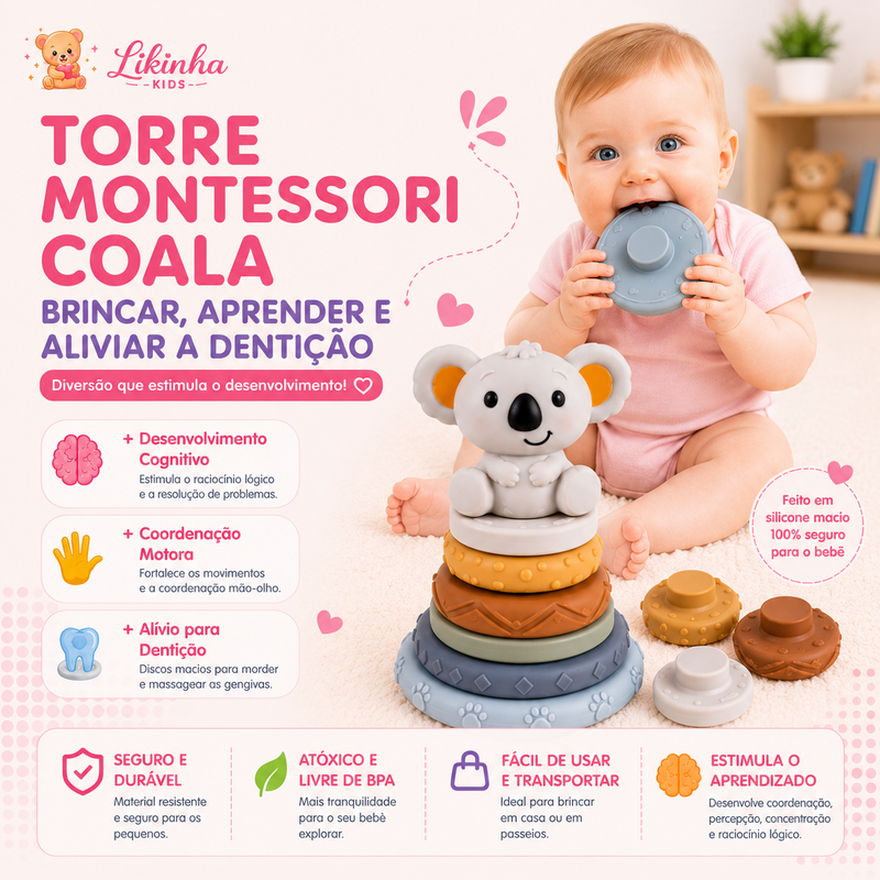 Torre de Hanói Montessori Coala para Bebês