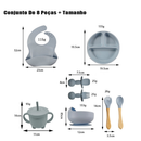 Kit 8pçs Talheres de Silicone p/ Bebê c/ Ventosa, Colher, Garfo, Canudo e Babador Infantil