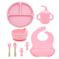Kit Alimentação Silicone Bebê 8 Peças com Ventosa, Babador, Talheres e Copo BPA Free