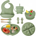 Kit Alimentação Silicone Bebê 8 Peças com Ventosa, Babador, Talheres e Copo BPA Free