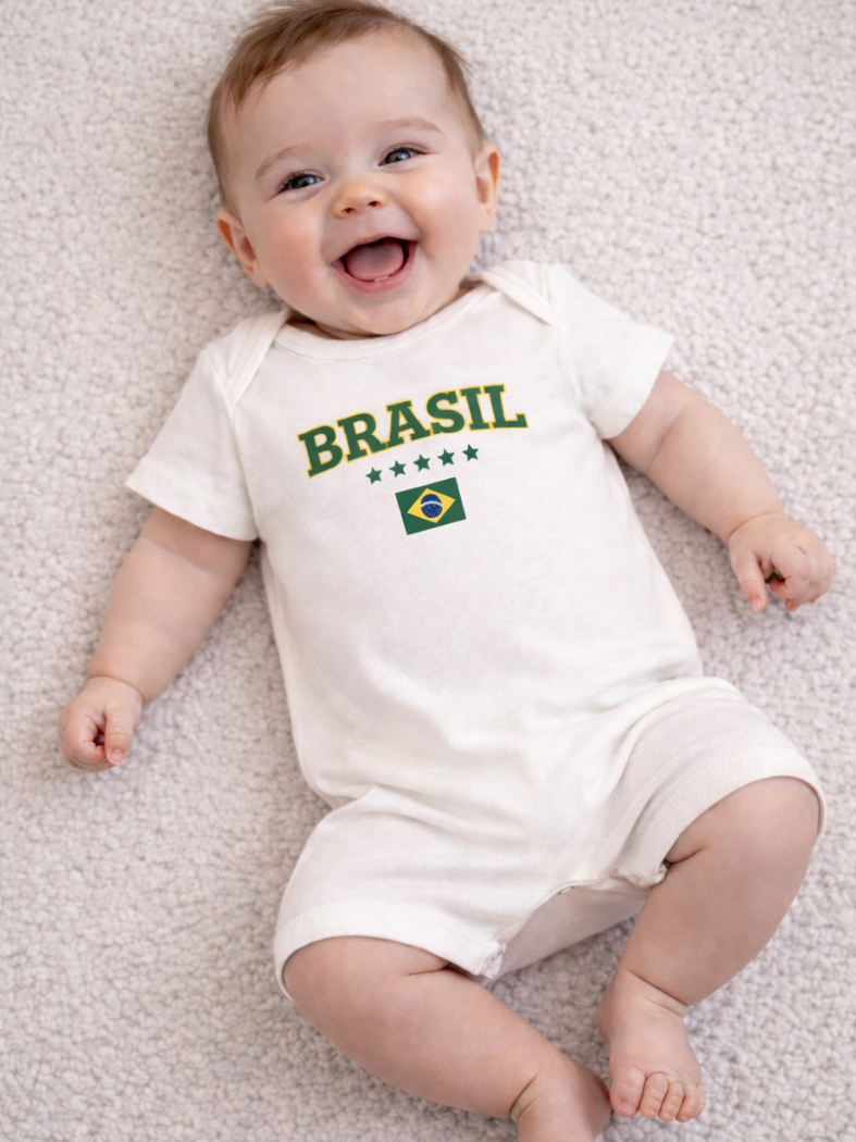 Macacão Bebê Brasil Mini Craque 10 Romper Infantil Copa Seleção Body Curto Algodão