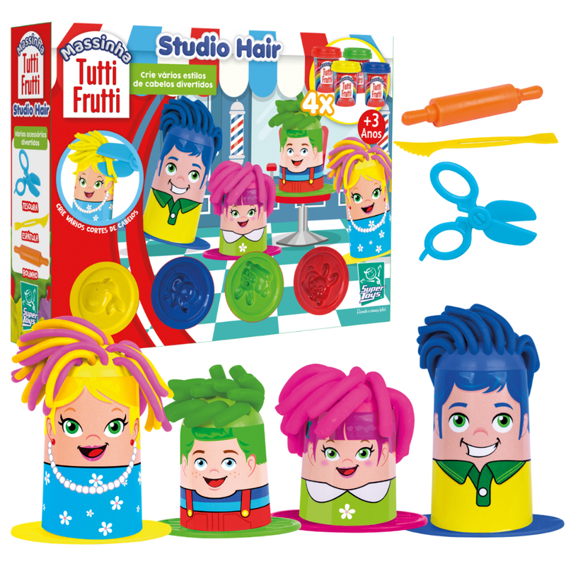 Kit Massinha Corte De Cabelo Maluco Studio Hair Tutti Frutti Com 4 Bonequinhos e Acessórios