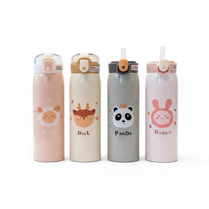 Garrafa Com Canudo Térmica Infantil Estampas Animais Aço Inox 350ml