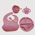 Kit Alimentação Silicone Bebê 8 Peças com Ventosa, Babador, Talheres e Copo BPA Free