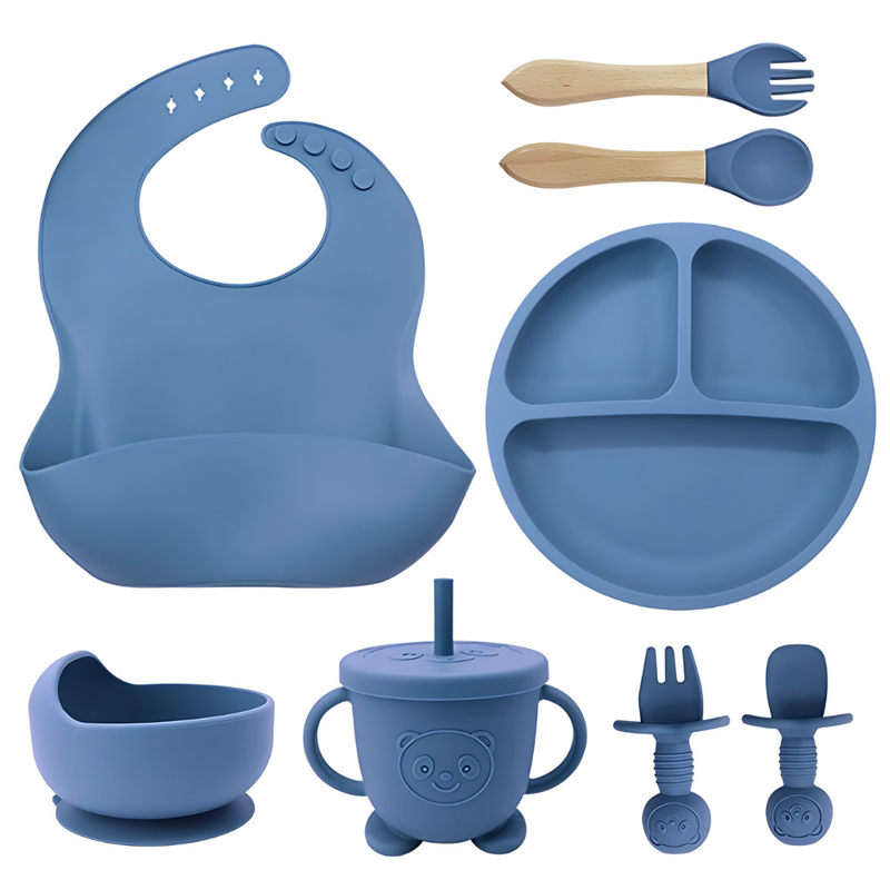Kit Alimentação Silicone Bebê 8 Peças com Ventosa, Babador, Talheres e Copo BPA Free